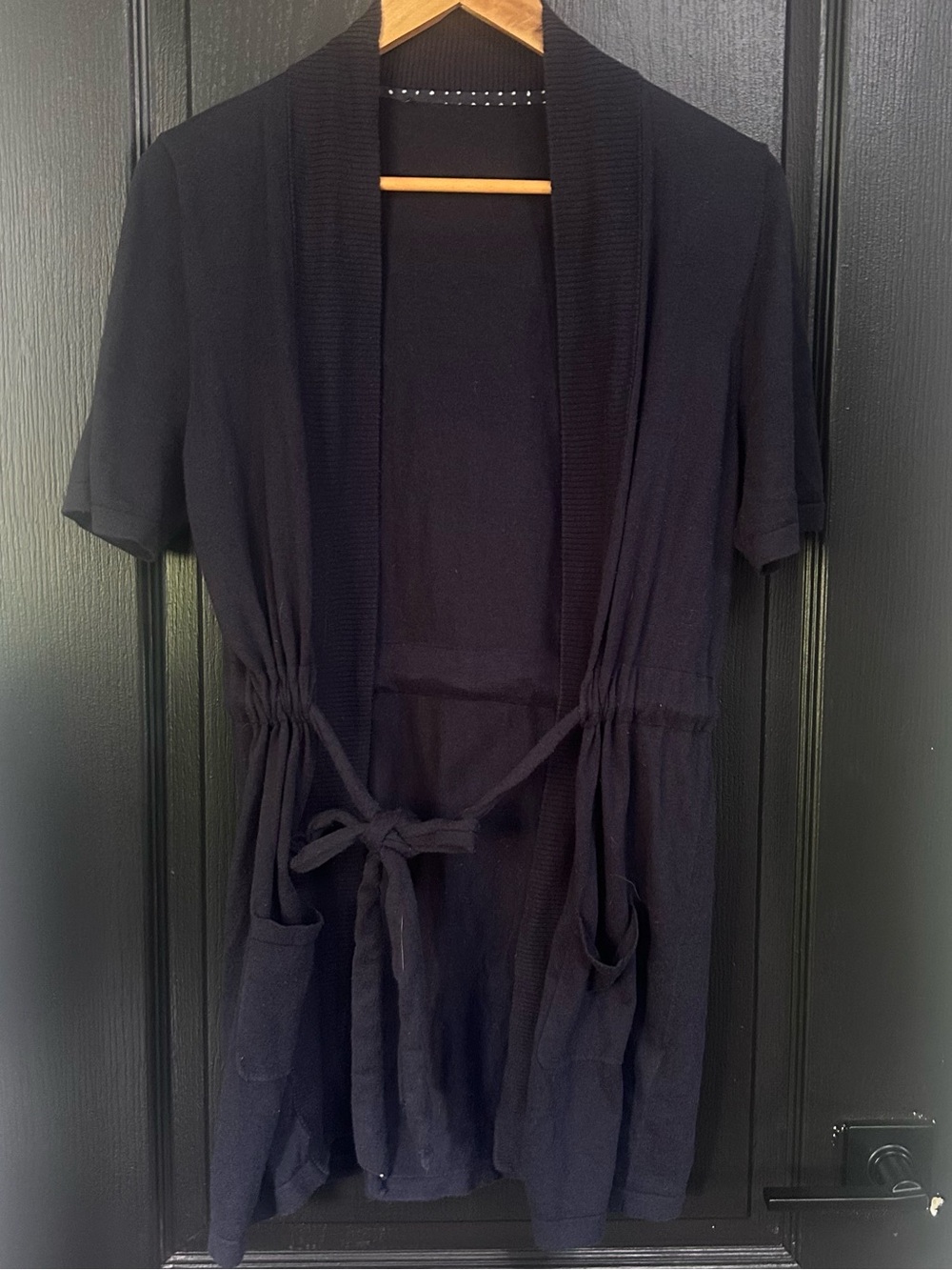 Luisa Cerano Short Sleeve Cardigan, Size US 10, Navy Blue, Cotton Silk, Tie